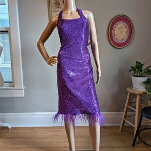 Vintage 90s Gunne Sax Sequin Midi Dress Purple Ostrich Feathers Siren Size 5/6